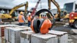 © Stocker - Bright orange industrial earmuffs rest on a stack of concrete blocks at a busy construction site with heavy machinery and workers in the background