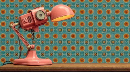 Retro-styled pink robot desk lamp illuminates against a vintage wallpaper backdrop