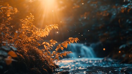 Wall Mural - A magical forest scene with sunlight filtering through leaves and a waterfall in the background.