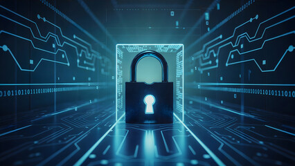 secure your digital world with this striking padlock amidst glowing binary code and futuristic circu