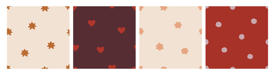 Wall Mural - star, heart, polka dot patterns set. seamless textures, backgrounds, repeating endless designs for m