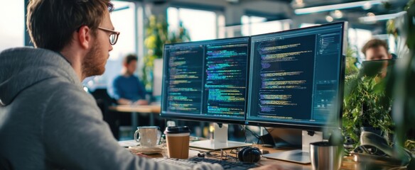 The programmer working intently at dual monitors in a modern office environment.