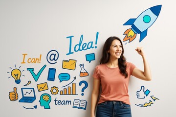 Wall Mural - confident young woman celebrating success with startup and business icons on light background, symbo