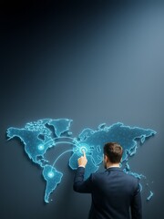 Wall Mural - businessman interacting with glowing digital world map on dark gradient background, ideal for global