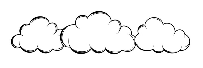 Wall Mural - black and white outline of three fluffy clouds in minimalist flat vector style with curved contour l