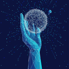 Wall Mural - futuristic digital polygonal hand holding glowing wireframe sphere with connected data points abstra
