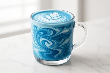 Wall Mural - artistic blue and white latte in a clear glass mug with swirling patterns and leaf art on top on a m