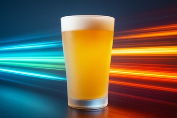 Wall Mural - cold beer glass with foam on colorful light streak background, dynamic lighting emphasizes freshness