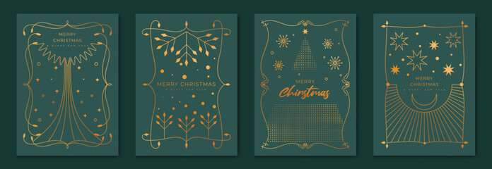 Wall Mural - christmas greeting card vector set. happy new year poster template with gold line christmas tree, le
