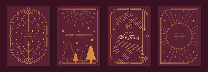 Canvas Print - christmas greeting card vector set. happy new year poster template with gold line christmas tree, le
