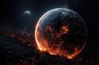 © nurhikmah - A fiery, ravaged planet, partially molten, dominates the foreground, with a smaller, pale moon in the background against a dark, star-speckled space