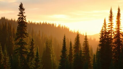 Wall Mural - serene sunset over a dense forest landscape, with tall evergreen trees silhouetted against the sky