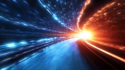 Wall Mural - Light speed tunnel glowing blue orange particles create dynamic futuristic motion energy vibrant cosmic scene with streaks evoking fast movement and abstract digital background glow