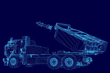 A military truck blueprint features a missile launcher on its flatbed, outlined in precise contour lines. The dark blue background enhances the technical drawing's clarity.