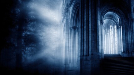 Wall Mural - ethereal light streaming through ancient cathedral arches, illuminating a serene forest backdrop