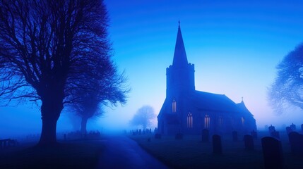 Wall Mural - serene fog envelops an ancient church at dusk, with gravestones lining a quiet path in the backgroun