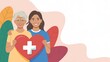 © Kage Dojo - Two women joyfully hold a heart symbol with a medical cross, surrounded by colorful leaves, promoting health and wellness.