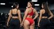 © mohammed - Three beautiful athletic women in sportswear posing together in a modern gym. The curvy model in red looks back with confidence.