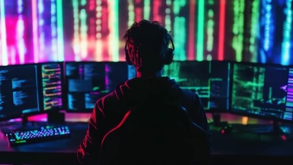 Silhouette hacker at computer monitors with neon colorful digital code, cyber security concept, intense atmosphere, vibrant monitor lights, focused programming, digital security