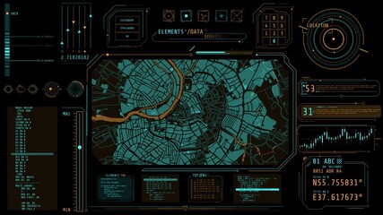 Canvas Print - animated high-tech interface dashboard with a city map