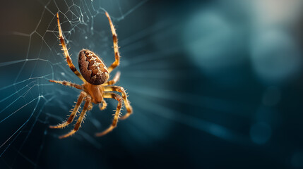 Orb Weaver Spider Macro on Web with Detailed Patterns and Blurred Bokeh Background