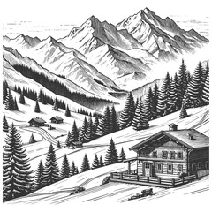 Wall Mural - ski lodge surrounded by pine trees and mountains, with skiers on snowy slopes nearby sketch engravin