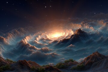 Wall Mural - Dramatic Nebula Mountain Landscape Glowing in Twilight Sky, a Celestial Wonder PNG set with Transparent Background