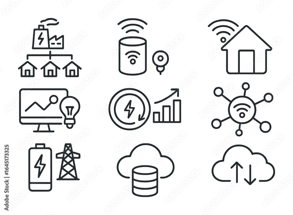 Smart Grid Icons. Outline vector icons of smart grid and energy IoT ...