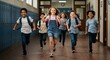 © rdkcho - Group of Happy Elementary School Children Running Down a School Hallway, Ready for Fun and Learning