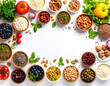© ThiraWat - Healthy food frame with plant based protein sources and fresh produce