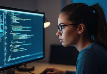 Woman software developer coding on computer in dark room at night