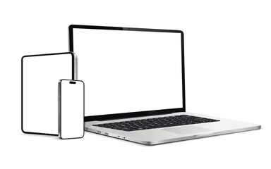 Wall Mural - laptop computer, tablet and smartphone mockup white screen. device different angles views