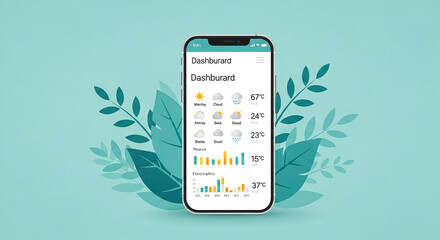 A smartphone displays a user-friendly app interface with a grid of icons charts and graphs The background features stylized green foliage creating a fresh and organized aesthetic