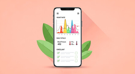 A sleek smartphone showcases a health and fitness app interface with colorful graphs and data points The device is positioned against a soft coral background accented by lush green leaves