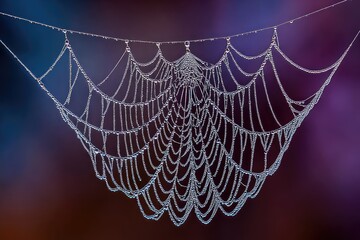 Dew-kissed spiderweb, intricate design, hanging gracefully