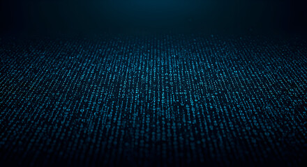 Abstract digital binary code stream with light blue glowing elements. Flowing data stream in dark background. Data scientist or software engineer in digital workspace -