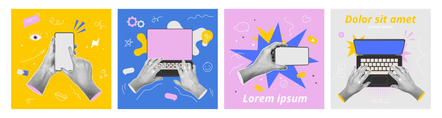 Halftone hands collage with laptops and smartphones. Vector set featuring various dynamic compositions. Dotted armss with modern digital devices. Tech blog or startup visuals, UI UX presentations