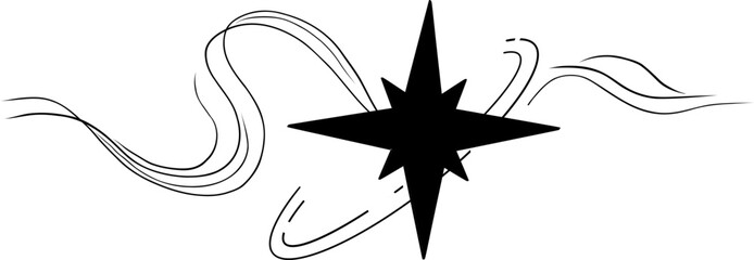Wall Mural - Abstract y2k line star, tattoo aesthetic doodle or sketch. Sparkle swirl silhouette line light, move, trail. Retro space orbit geometric 