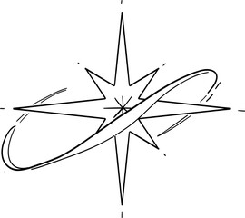 Wall Mural - Abstract y2k line star, tattoo aesthetic doodle or sketch. Sparkle swirl silhouette line light, move, trail. Retro space orbit geometric 