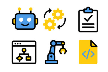 Wall Mural - Exploring the components of automation technology through icons representing bots, gears, and coding elements