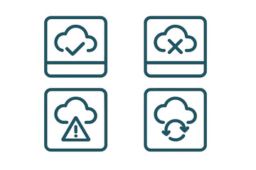 Wall Mural - Cloud storage icons showing various statuses including successful upload, failed upload, warning, and syncing in a digital interface
