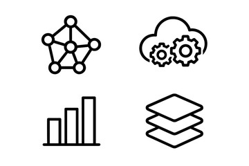 Wall Mural - Visual representation of data analysis concepts with interconnected nodes, cloud computing icons, bar charts and stacked layers
