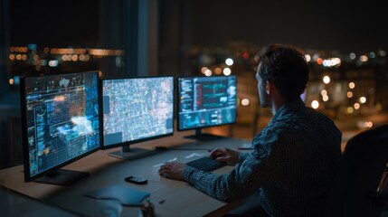 Nighttime data analysis office digital workspace urban environment focused viewpoint