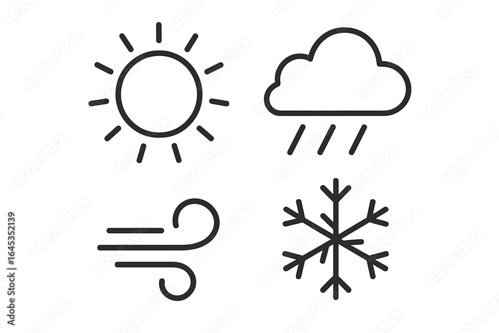 Weather symbols representing sun, rain, wind, and snow in a clear ...