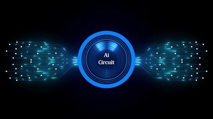 Glowing neon data technology AI CIRCUIT with HUD circle and electronic computer elements. Biometric data security. Touch screen button with AI circuit board for UI and GUI design.