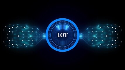 Glowing neon LOT technology with HUD circle and electronic computer elements. Biometric data security. Touch screen button with AI circuit board for UI and GUI design.