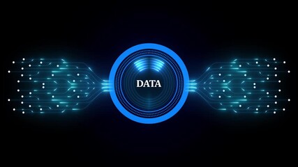 Glowing neon data technology with HUD circle and electronic computer elements. Biometric data security. Touch screen button with AI circuit board for UI and GUI design.