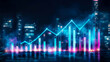 © sommersby - Abstract high-tech financial data visualization showing rising line graph and bar charts with neon glow, reflecting on digital surface in blurred city night