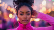 © sommersby - Vibrant Portrait of Confident Young Woman in Bright Pink Activewear Against Blurry Backdrop of Shimmering Bokeh Lights