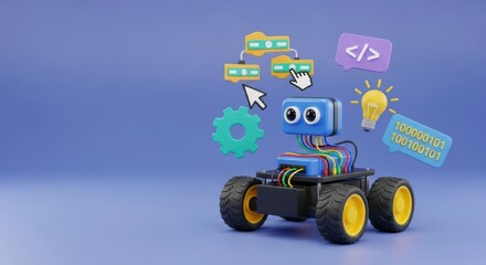 Cute robot with coding and technology icons on blue background